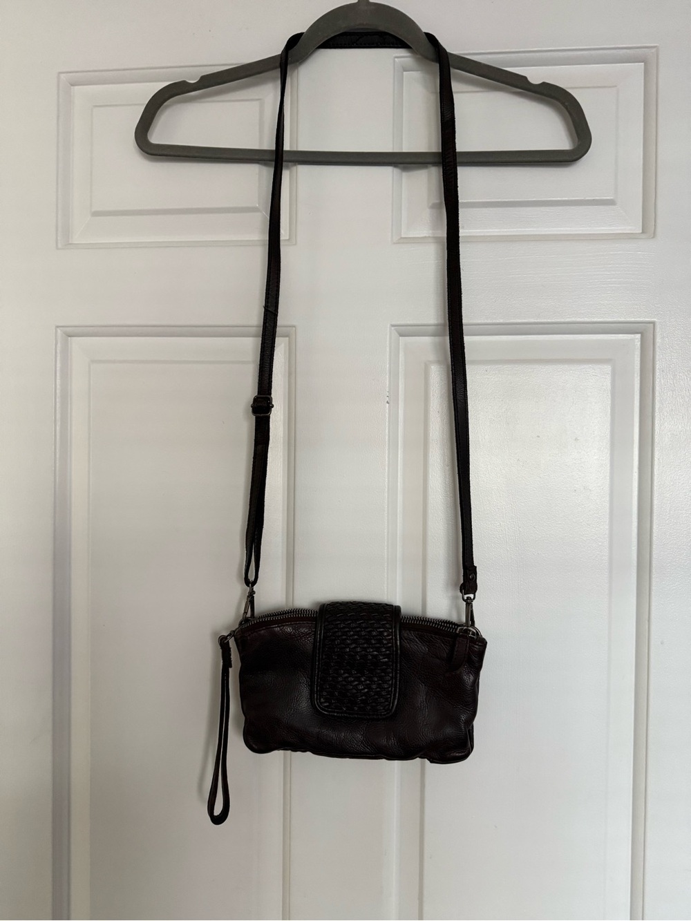 Compact Woven-Accent Mini Crossbody in Dark Brown